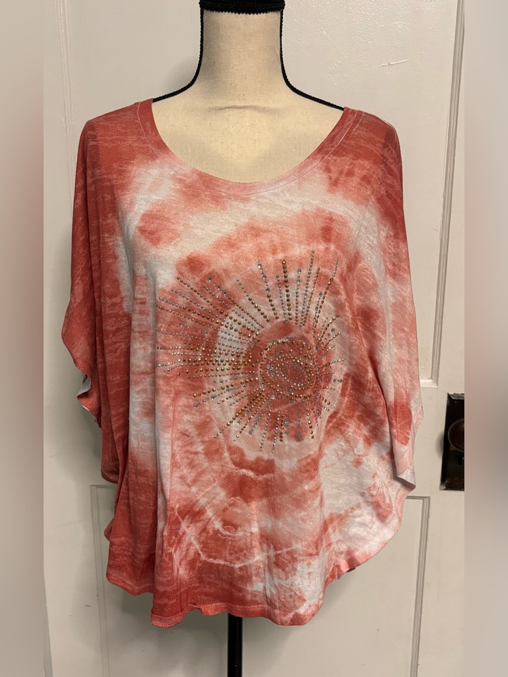 Maurices Coral and White Tie-Dye Scoop Neck Top with Rhinestone Sunburst